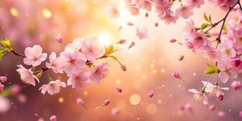 Obraz premium Soft pink cherry blossom petals falling gently from above in a warm sunlight background, with delicate branches and leaves visible in the foreground, pink, sunlight
