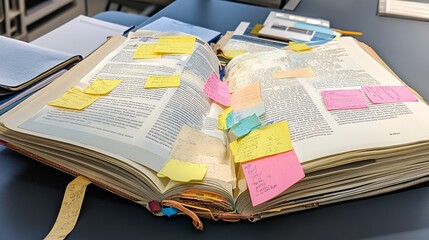Open Textbook: A textbook with annotated margins and sticky notes marking important pages.