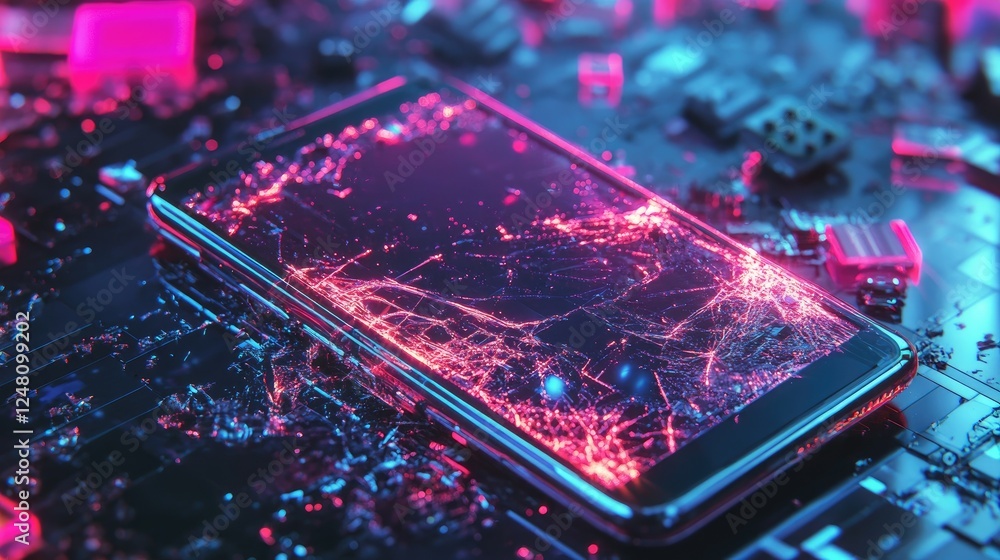 Poster a broken smartphone with a shattered neon screen, surrounded by digital glitches and cyberpunk aesth