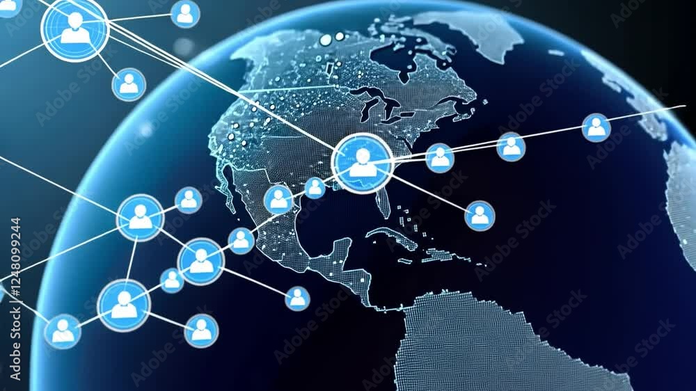 Poster global network: a stylized image depicting a global network, showing interconnectedness and communic