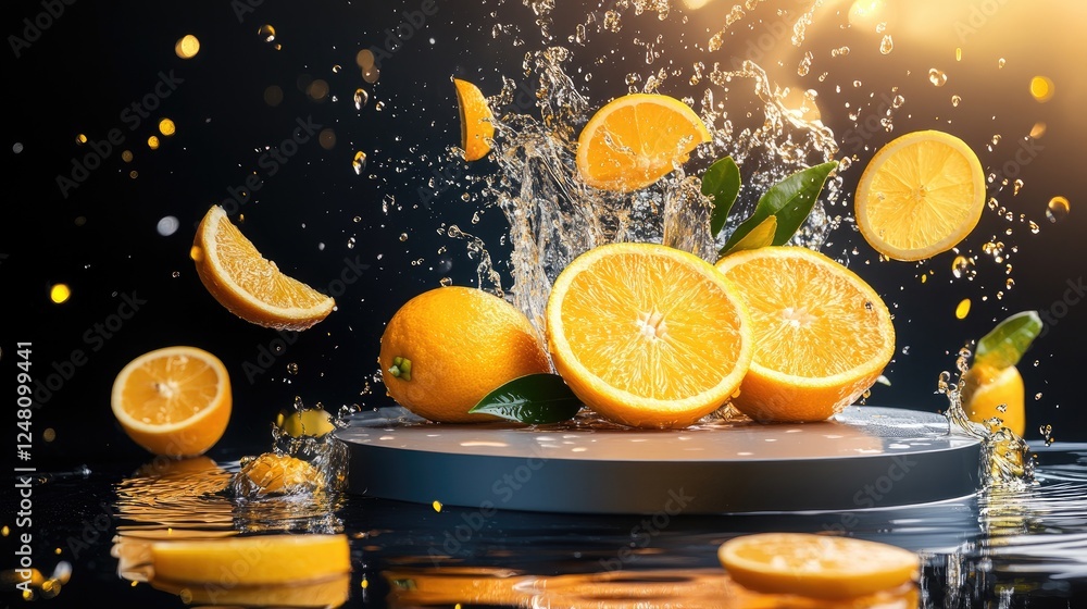 Poster a burst of water droplets and citrus juice as orange and lemon slices collide, with a clean podium f