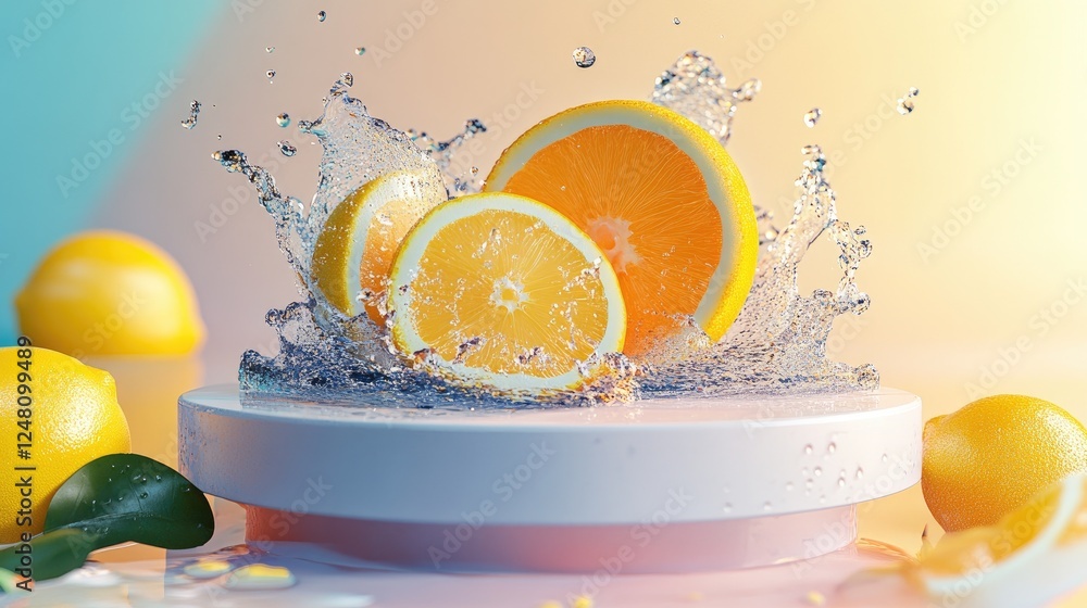 Poster a burst of water droplets and citrus juice as orange and lemon slices collide, with a clean podium f