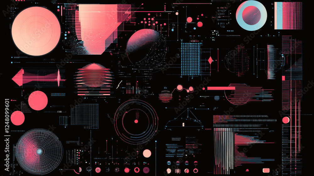 Poster trendy y2k style poster design template with abstract grid geometric shapes and glitch effect backgr