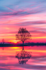 Obraz premium Serene Lakeside Sunset with Silhouetted Tree: Perfect Template for Nature and Travel Enthusiasts