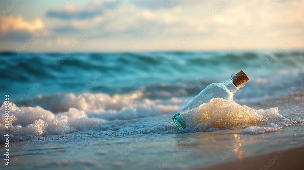 Poster a calm ocean wave carrying a message in a bottle, symbolizing reliable communication, smooth energy 