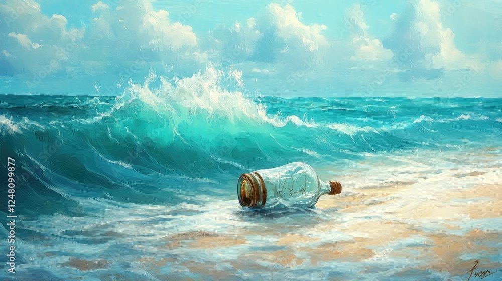 Poster a calm ocean wave carrying a message in a bottle, symbolizing reliable communication, smooth energy 