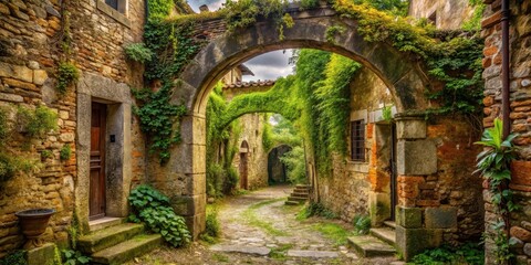 Fototapeta premium Overgrown archway with vines and moss, surrounded by old stone walls and worn brick buildings in a rural courtyard, rustic charm, old architecture
