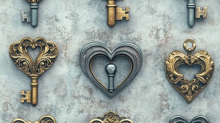 Vintage keys and heart-shaped locks on a textured background.