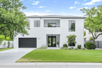Modern two-story house with sleek design and landscaped yard in a suburban neighborhood