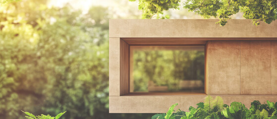Modern architectural design blends with nature in tranquil setting of green landscape