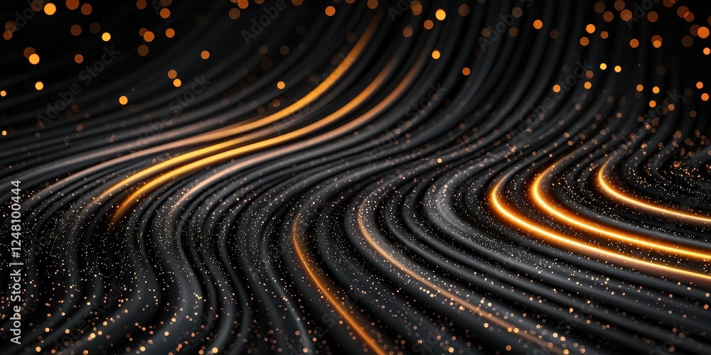 Poster Abstract wavy lines with glowing particles in a dark background create a dynamic visual effect.