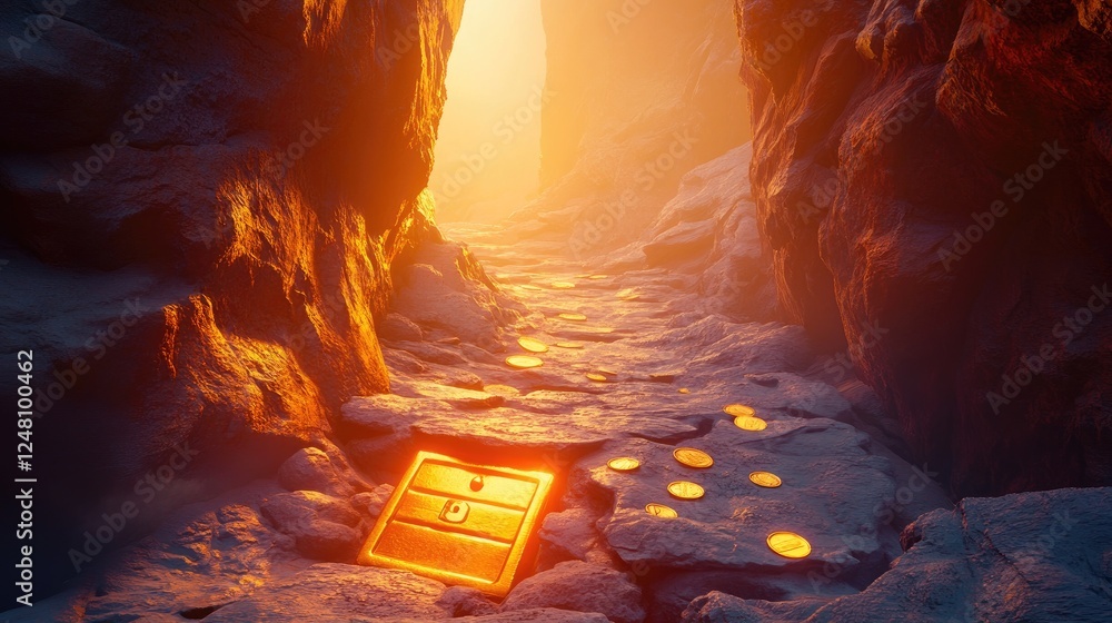 Poster a challenging canyon path with coins and a glowing safe, symbolizing the risky journey towards ultim
