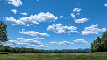 Fototapeta premium White clouds in blue sky. Vector realistic fluffy different shapes clouds in clean heaven in summer or spring day. Sunny clear weather