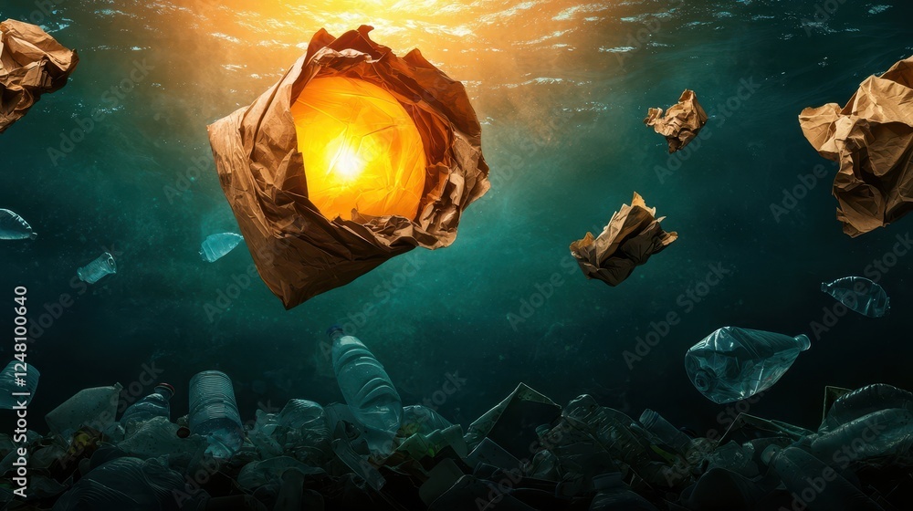 Poster illuminated objects float underwater, creating an intriguing and mystical ambiance.