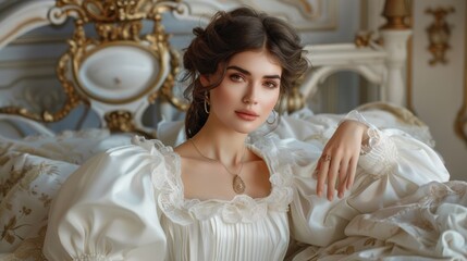 A young woman wearing a white frilly dress and necklace sitting on a white sofa with gold trim against a backdrop of ornate gold and white jewelry.