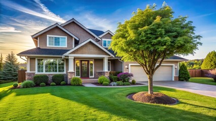 A serene backyard with a beautifully manicured lawn and a single tree standing tall next to a house with a welcoming front door, architecture, house