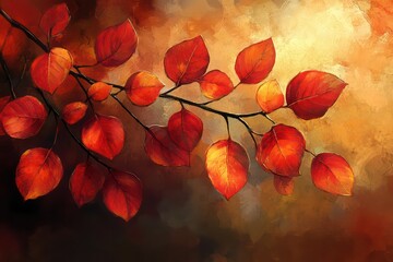 A cluster of red and orange leaves on a tree branch, with warm afternoon light streaming through.