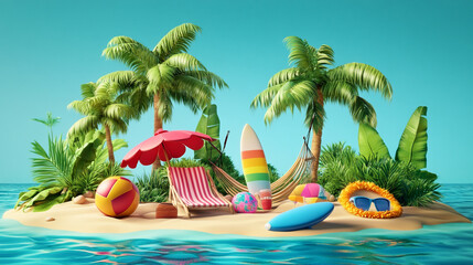 Fototapeta premium Tropical Beach Scene with Palm Trees and Waves background, beach scene with lounge chairs, drinks, and beach balls for summer vacation, Sunny warm Paradise background for summer.