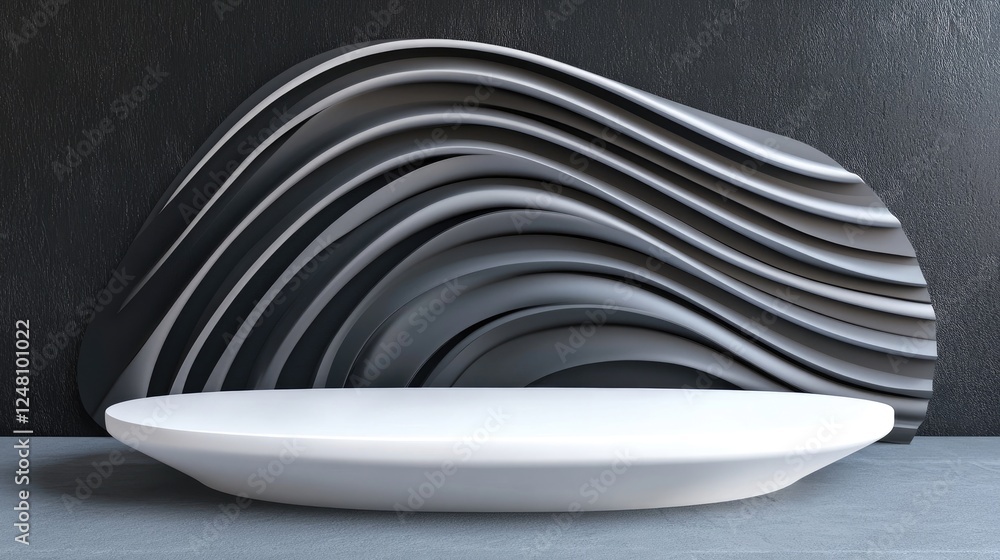 Poster a clean, modern display with a white oval podium featuring wavy obsidian patterns, ideal for showcas