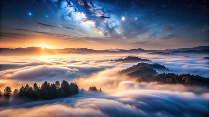 Obraz premium Misty veil descends slowly across the night sky, shrouding all in a thick layer of fog, foggy valleys, foggy scene