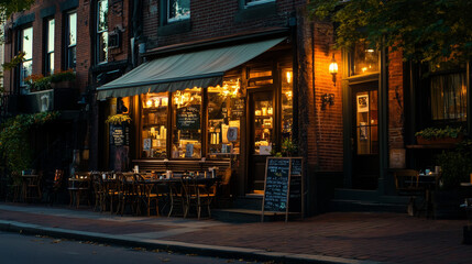 Fototapeta premium Vintage coffee shop. Cafe storefront building exterior design. Small business on city street cartoon vector background. Italian cafeteria with brick wall outside and tent under window.
