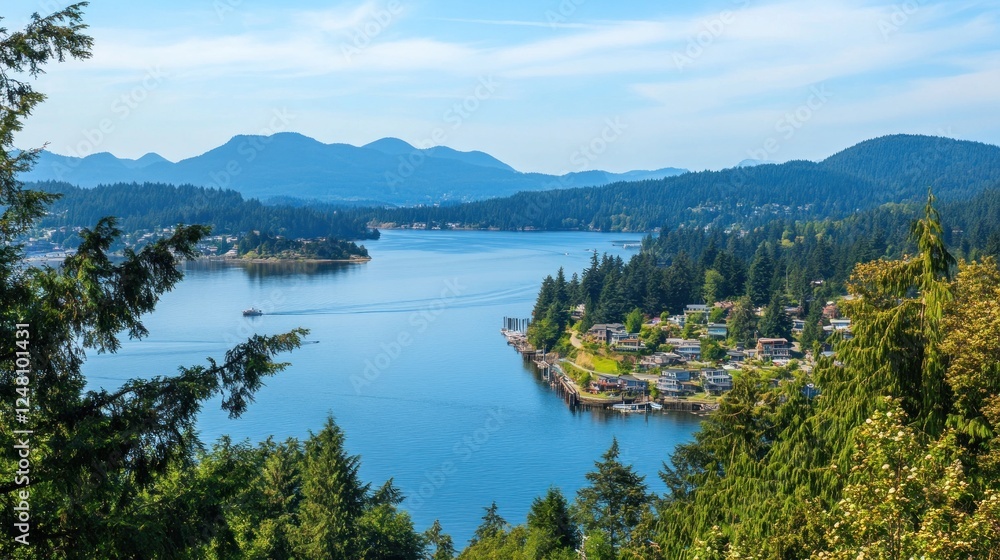 Poster scenic view of a tranquil bay surrounded by mountains and lush greenery.