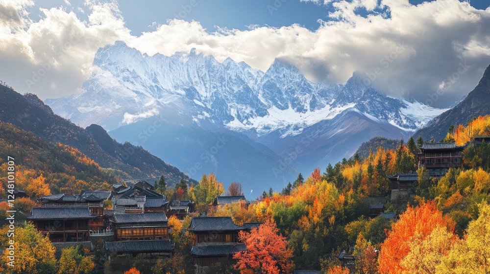 Poster scenic view of mountains and autumn foliage with traditional architecture in the foreground.