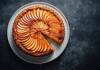 Delicious Apple Tart with Sliced Fruit in Spiraled Arrangement on Dark Background Perfect for Dessert Lovers and Food Enthusiasts