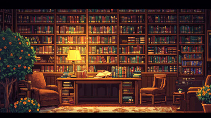 School public library or bookshop interior with wooden cabinet with paper book rows on shelves, desk with stack of literature and lamp, chairs and armchair, flower in pot. Cartoon vector illustration.