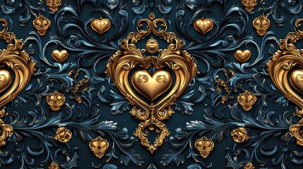 Ornate golden hearts with intricate patterns.
