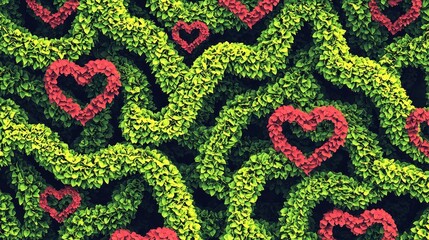 Green foliage with red heart shapes intertwined.