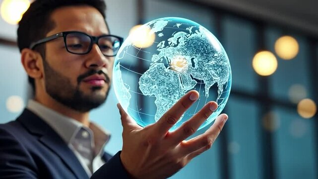 Global Vision: A young businessman in a sharp suit and glasses holds a transparent, illuminated digital globe in his hand, gazing thoughtfully at it.