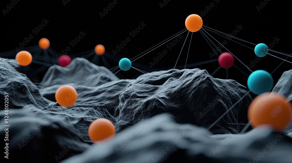 Aufkleber abstract representation of molecular structures with colorful spheres amidst textured surfaces.