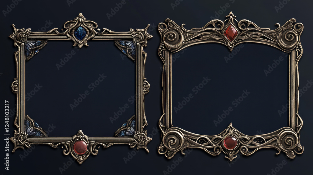 Poster Empty circle silver frames in medieval style for game ui design. Vector cartoon set of user interface elements with iron metal thin border, decorated with gems isolated on background