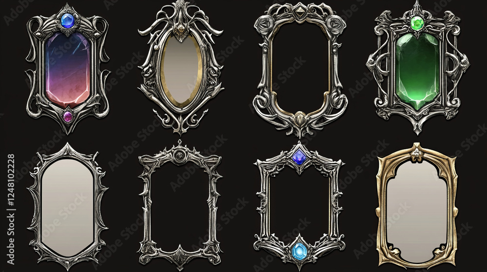 Poster empty circle silver frames in medieval style for game ui design. vector cartoon set of user interfac