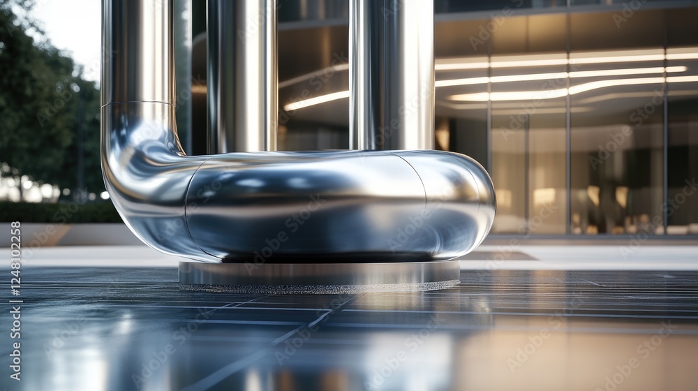 Poster a close-up of a metallic pipe with complex bends, integrated into a modern building setting, with a 