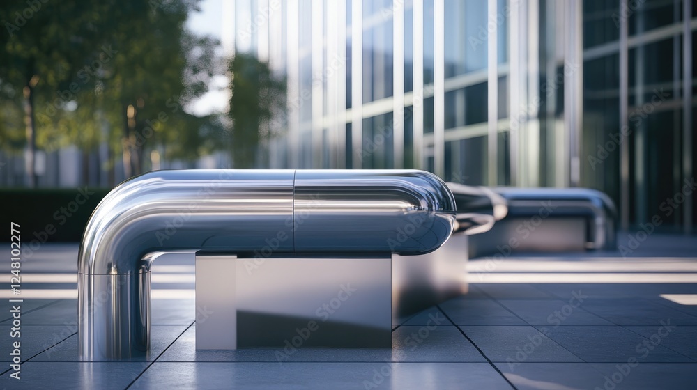 Poster a close-up of a metallic pipe with complex bends, integrated into a modern building setting, with a 