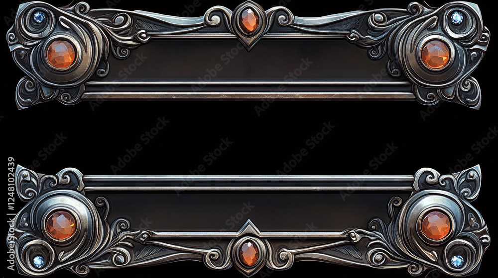 Poster Empty circle silver frames in medieval style for game ui design. Vector cartoon set of user interface elements with iron metal thin border, decorated with gems isolated on background