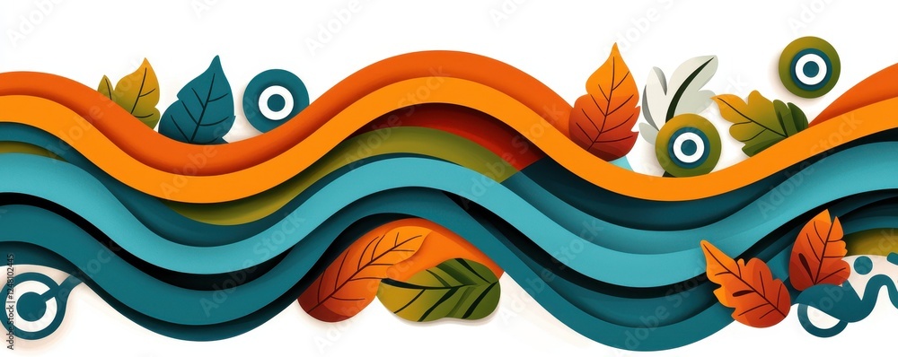 Poster colorful wavy pattern with leaves and circular elements, creating a vibrant, dynamic design.