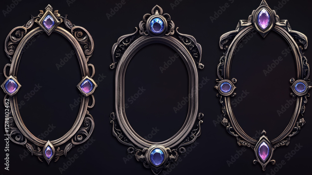 Poster Empty circle silver frames in medieval style for game ui design. Vector cartoon set of user interface elements with iron metal thin border, decorated with gems isolated on background