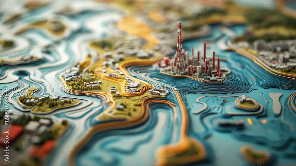 Aufkleber A close-up of a topographic map highlighting local resources with a clear pathway leading directly to a factory, emphasizing a shorter, more efficient supply chain.