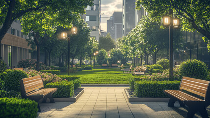 Summer city park with benches and trees. Vector cartoon illustration of urban public garden, green lawn and bushes, wooden benches, street lanterns along alleys, birds flying in sky, modern buildings
