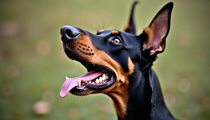 Doberman dog barking happily in a green outdoor background