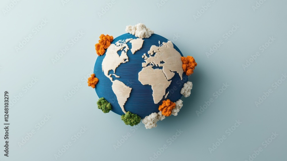 Poster a colorful, creative representation of earth made with textured materials on a light background.