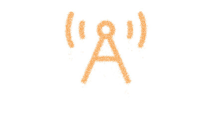 Icon broadcast tower is made of yellow grains of sand. Some grains of sand fall down. Transparent background. Black