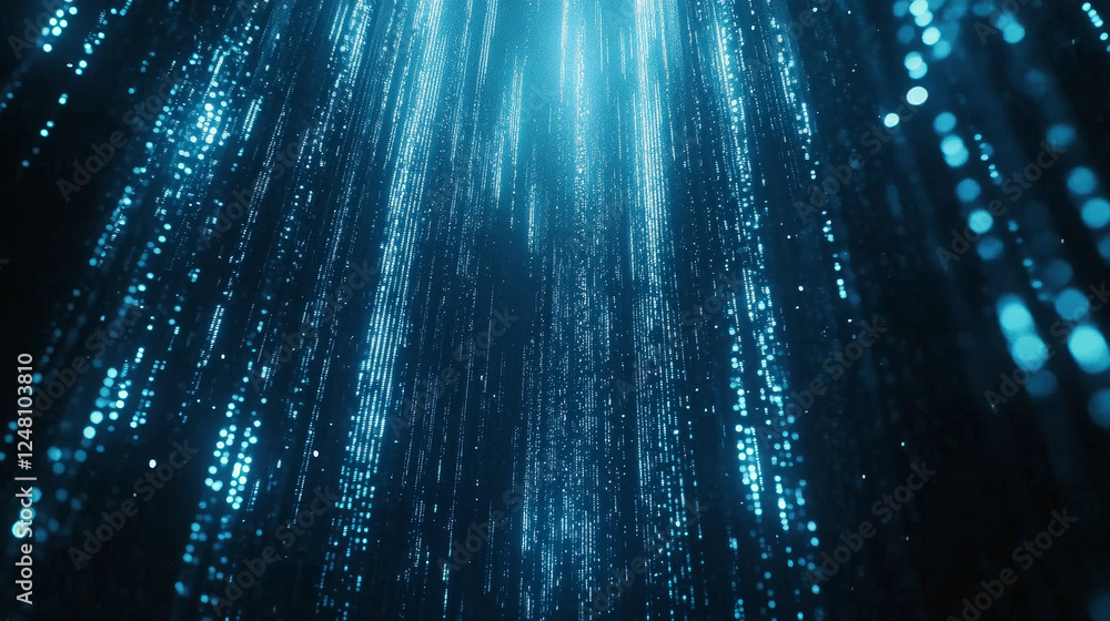 Poster pixel bitmap pattern, white blue gradient shade. vertical pixelated streaks cascade downward. digita