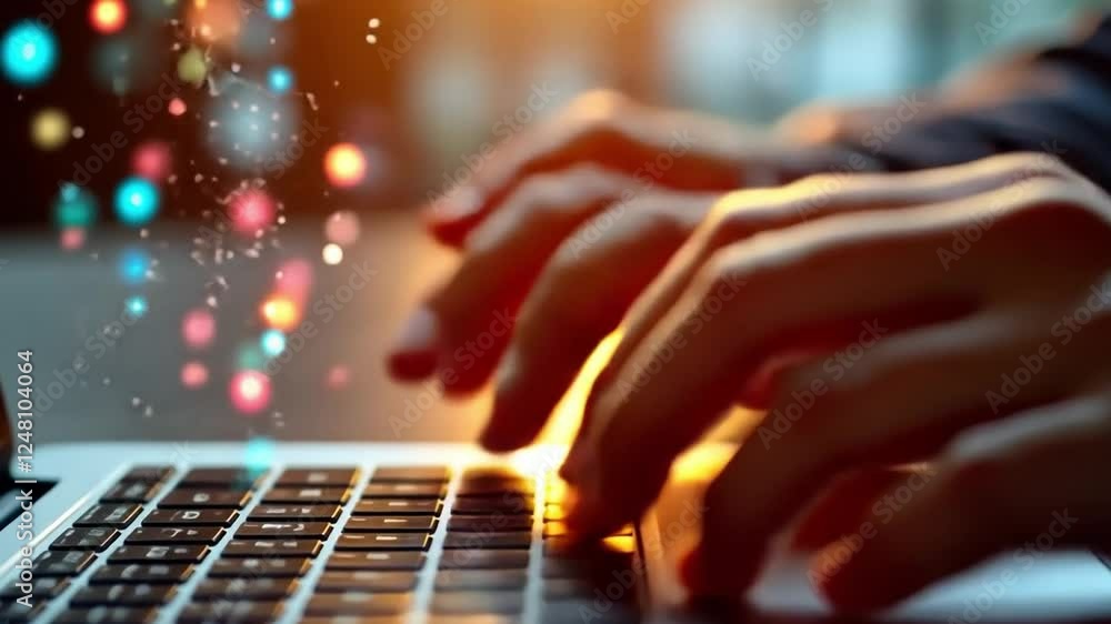 Poster digital symphony: hands typing on a laptop keyboard with colorful digital particles floating. repres