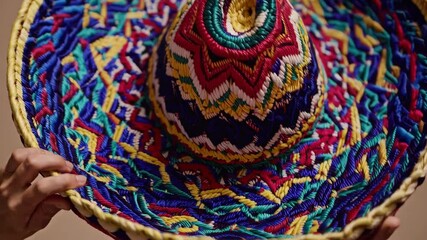 A skilled artisan showcases a handcrafted sombrero, highlighting the vibrant colors and intricate patterns of the traditional Mexican hat. The craftsmanship and artistry are evident in each detail.