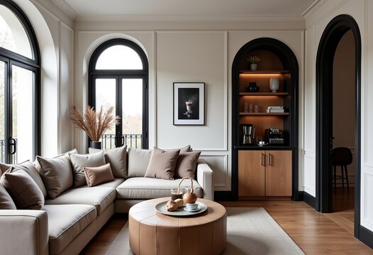 Minimalist Parisian Style: Luxury Interior with Neutral Tones, Black Arched Windows, White Molded Walls, Beige Fabric Sofas, Wood Floors, Natural Light, and a Coffee Bar. Modern Parisian Living.

