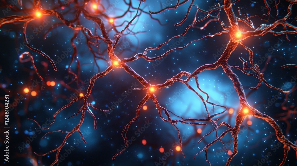 Poster Abstract representation of neural connections with glowing nodes on a blue background.